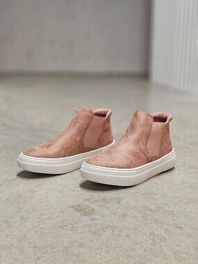 Blush Nubuck Slip-On Platform Sneakers With Elastic Side Panels & White Soles Fo